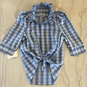 NWT KMJ Bontina Button Down in Blue, Brown, White Plaid
